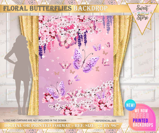 butterflies & floral Backdrop, Flowers butterflies Backdrop, spring flowers sakura cherry blossom Backdrop, Floral baby shower backdrop