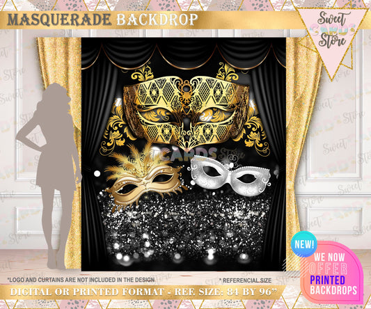 masquerade backdrop, black gold red masquerade, Glitter masquerade, masquerade,mardi gras backdrop,party backdrop,birthday backdrop,printed