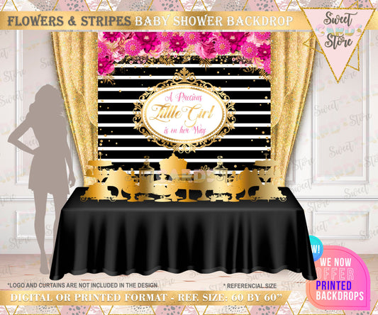 Stripes and floral pink fucshia backdrop, floral stripes baby shower backdrop, 30th 40th 50th 60th birthday backdrop floral stripes banner