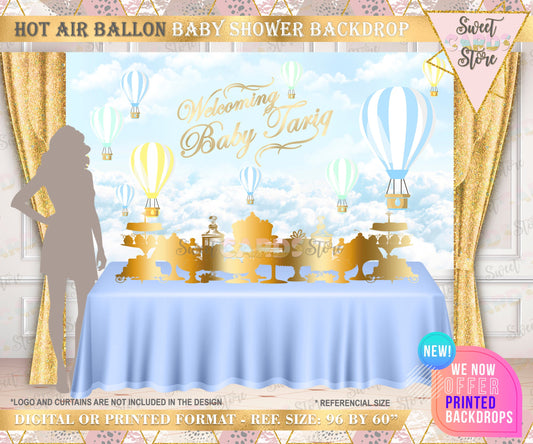 Hot air balloon boy Baby shower backdrop, Up Up and away backdrop baby shower hot air balloon banner vintage travel boy baby shower backdrop