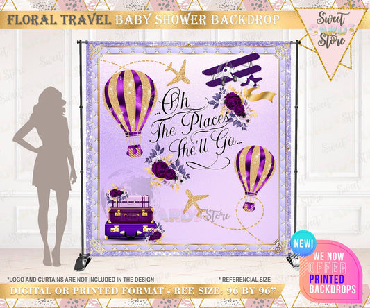 oh the places she'll go backdrop, Hot air balloon backdrop, Up Up and away backdrop,hot air balloon banner vintage travel banner backdrop