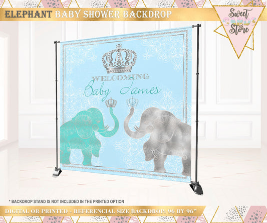 Elephant Baby Shower Backdrop, Elephant Baby Shower, Elephant Party, Elephant Birthday, Blue and silver Backdrop, Blue Baby Shower elephant