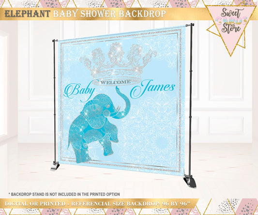 Elephant Baby Shower Backdrop, Elephant Baby Shower, Elephant Party, Elephant Birthday, Blue and silver Backdrop, Blue Baby Shower elephant