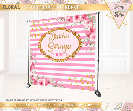 Stripes and floral backdrop, floral backdrop 1st birthday, flowers birthday backdrop, Pink floral stripes backdrop, flowers stripes banner