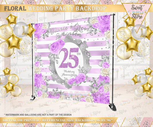Floral glitter wedding anniversary backdrop, purple Flowers anniversary backdrop, Glam floral Backdrop, Glam birthday anniversary banner