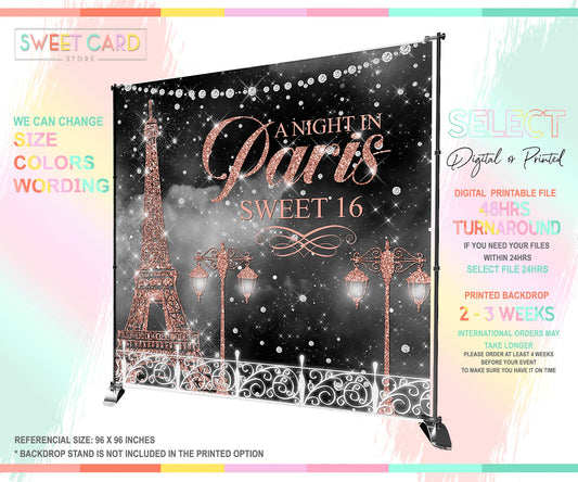 Paris Eiffel Tower Backdrop, Eiffel Tower rose gold backdrop, Eiffel tower paris banner, Eiffel Tower parisian night background, Paris Party
