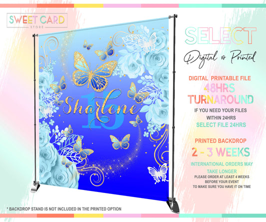 Butterfly and flowers Blue gold Baby Shower backdrop, Butterfly floral Baby shower Backdrop, Butterfly sweet 16 backdrop butterfly sweet 16