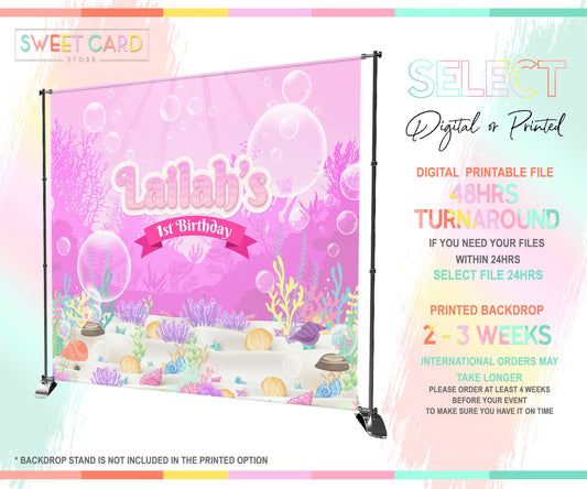 Under the sea girl Printable Backdrop, Under the sea pink backdrop, underwater bubbles backdrop, under the sea baby shark backdrop banner