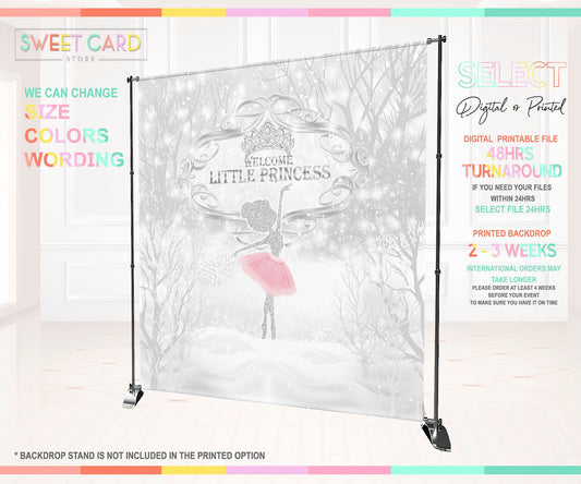 Winter Wonderland princess Snowflakes Digital Printable party backdrop, Winter Onederland Backdrop, Winter Ballerina Snowflakes banner decor