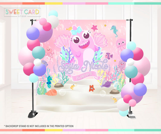 BABY SHARK BACKDROP, Under the sea pink backdrop, underwater bubbles backdrop, under sea baby shark backdrop banner decor, Baby shark girl