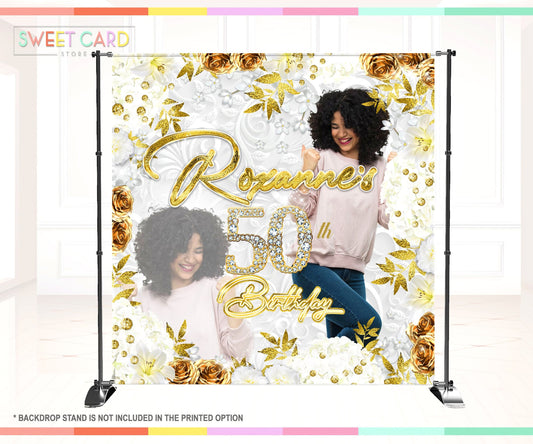 30 shades of gold birthday backdrop, 20th 30th 40th birthday backdrop, orange flowers glitter backdrop, sweet 16 backdrop glitter banner