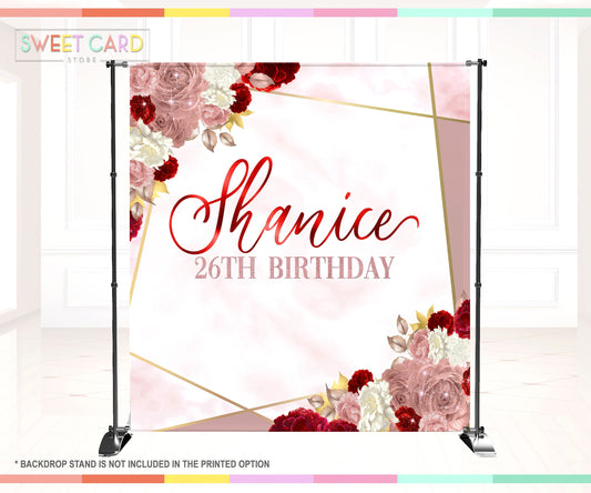 Elegant burgundy gold rose floral 60th birthday backdrop, elegant luxury gold pink birthday backdrop, 60th 50th 40th floral backdrop decor,