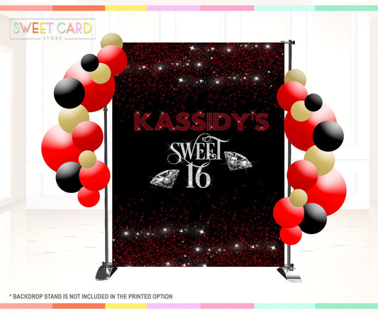 SWEET 16 BACKDROP, Sweet 16 black red diamonds elegant Backdrop, Sweet 16 balloon backdrop, Sweet Sixteen Glitter backdrop, Sweet 16 banner