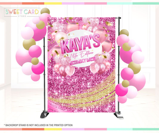 Sweet 16 Sequins balloons Backdrop, Pink Sweet sixteen diamonds backdrop, Sweet Sixteen Glitter backdrop, Sweet 16 Photo Backdrop