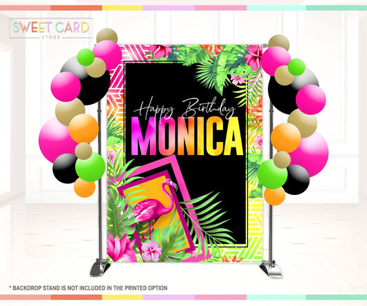 Flamingo Floral Tropical Backdrop, Flamingo Party Backdrop, Sweet sixteen gold Flamingle backdrop, Tropical backdrop Luau Beach banner