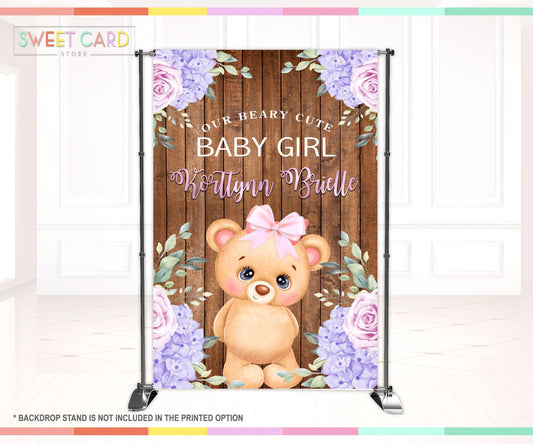 TEDDY BEAR BACKDROP, Baby girl Shower Backdrop, Teddy Bear floral Backdrop, dark wood bear bow backdrop, teddy bear girl backdrop decor