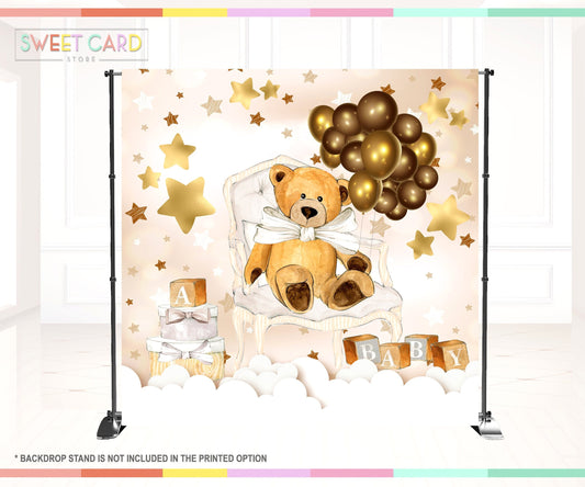 TEDDY BEAR BACKDROP,  Baby Shower Backdrop, Teddy Bear balloons Backdrop,  stuffed teddy bear bow backdrop, teddy bear backdrop decor stars