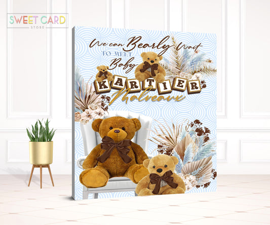 TEDDY BEAR BACKDROP, Boho bohemian pampas grass baby shower backdrop, Teddy bear Baby shower backdrop, stroller pampas banner backdrop