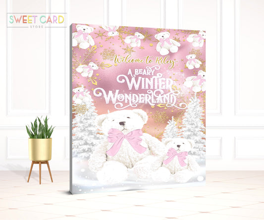 TEDDY BEAR BACKDROP, teddy bear winter wonderland baby shower backdrop, Teddy bear Baby shower backdrop, snowflakes rose gold backdrop
