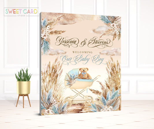 BOHO PAMPAS BACKDROP, Boho bohemian pampas grass baby shower backdrop, Teddy bear Baby shower backdrop, stroller pampas banner backdrop