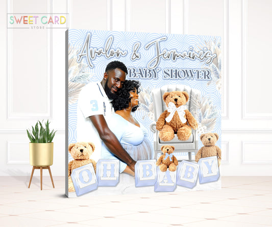 TEDDY BEAR BACKDROP, Boho bohemian pampas grass baby shower backdrop, Teddy bear Baby shower backdrop, stroller pampas banner backdrop