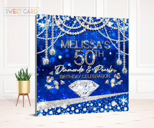 pearls diamonds birthday backdrop, diamond and pearls navy blue backdrop, Glam Backdrop, Glam Birthday backdrop, Heels banner, glitter