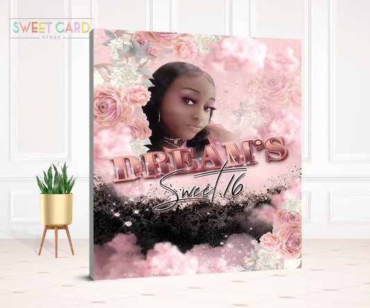 diamond and flowers Pink Baby Shower Printable backdrop, Pink clouds Baby shower Backdrop, diamond baby shower backdrop, pink baby shower