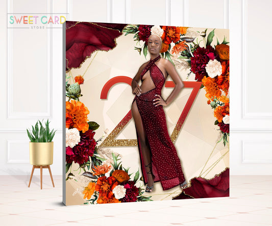 Floral burgundy orange BACKDROP, 20th 30th 40th birthday backdrop, marble backdrop, sweet 16 shades gold backdrop glitter banner