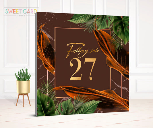 orange leaves greenery BACKDROP, 20th 30th 40th birthday backdrop, fifty backdrop, sweet 16 shades gold backdrop brown banner