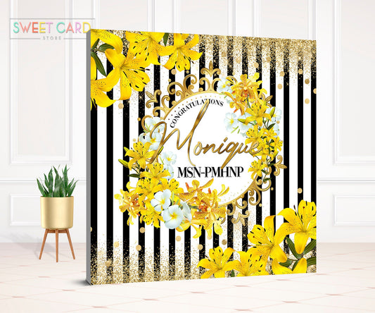 Stripes and floral yellow backdrop, floral backdrop, stripes floral birthday backdrop, gold yellow floral stripes birthday backdrop, glitter