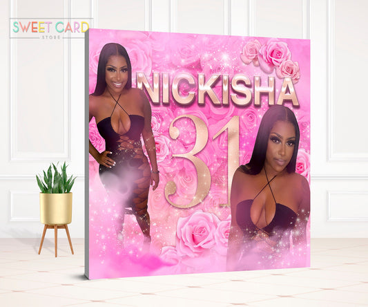 Floral pink rose gold birthday backdrop, pink Printable Backdrop, glitter backdrop, Elegant gold pink floral backdrop, party