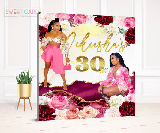 Floral burgundy pink BACKDROP, 20th 30th 40th birthday backdrop, marble backdrop, sweet 16 shades gold backdrop glitter banner