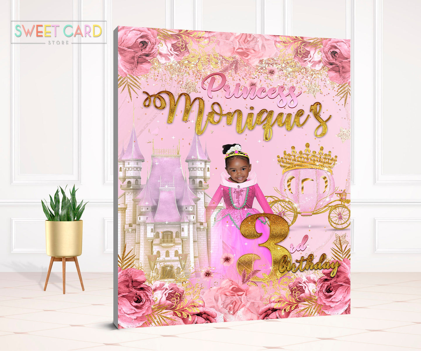 Princess Carriage floral castle Backdrop, Carriage Backdrop, Princess Backdrop, Fairytale Backdrop, Pink Gold Tiara Backdrop, Princess