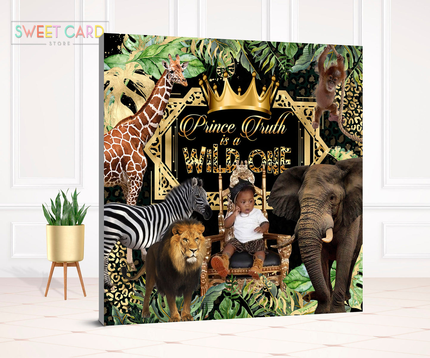 JUNGLE leopard BACKDROP, Jungle animal print baby shower, safari gold crown, safari backdrop, jungle printable backdrop wild banner decor