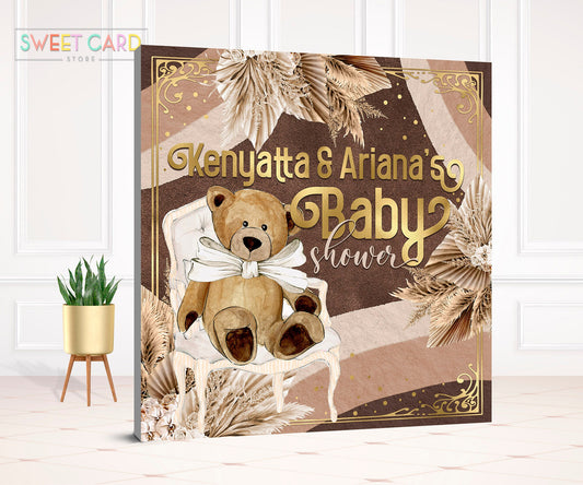 BOHO PAMPAS gold BACKDROP, Boho bohemian pampas grass baby shower backdrop, Teddy bear Baby shower backdrop, brown pampas banner backdrop