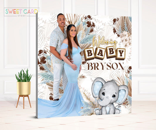 BOHO PAMPAS BACKDROP, Boho bohemian pampas grass baby shower backdrop, elephant Baby shower backdrop, baby blue pampas banner backdrop