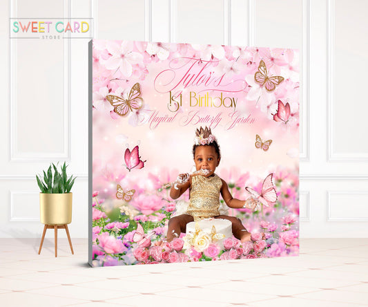 butterfly and pink floral Baby shower birthday Backdrop,Floral Backdrop,spring flowers welcoming rose gold Backdrop,Floral birthday backdrop