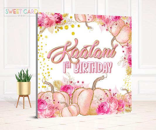 pumpkin floral gold BACKDROP, gold fall baby shower backdrop, Baby shower backdrop, Floral pumpkin pampas fox tail banner backdrop