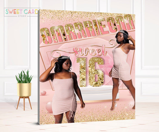 Sweet 16 birthday  backdrop, glitter backdrop, glam birthday backdrop, pink gold party backdrop banner, shades of pink backdrop