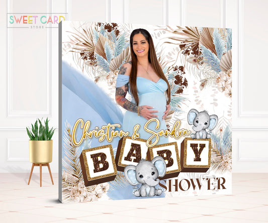 BOHO PAMPAS BACKDROP, Boho bohemian pampas grass baby shower backdrop, elephant Baby shower backdrop, baby blue pampas banner backdrop