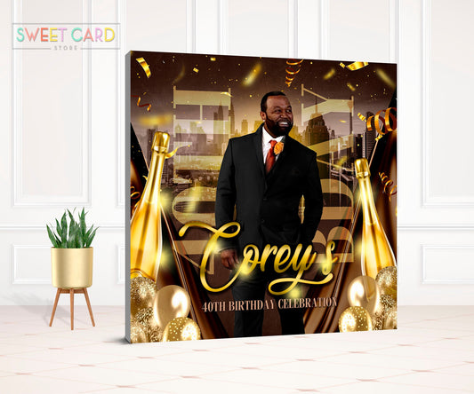 champagne city man party backdrop, champagne party gold balloons backdrop, man birthday celebration backdrop, champagne party decor