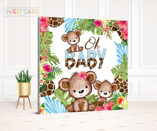 BABY BEAR BACKDROP, Baby Shower Backdrop, Tropical Bear Backdrop, Luau Tiki Bear Baby shower backdrop, Oh baby backdrop gender reveal