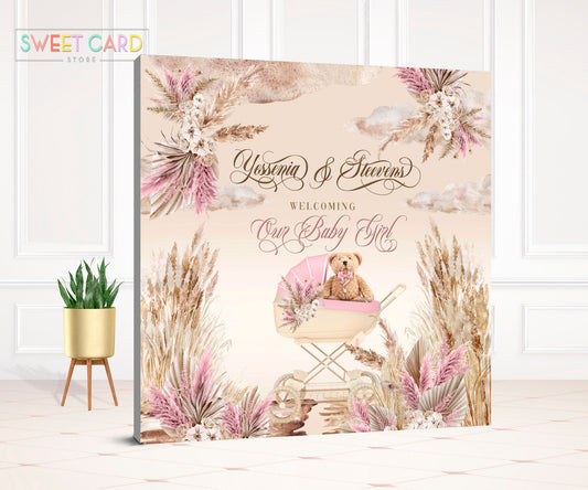 BOHO PAMPAS BACKDROP, Boho bohemian pampas grass baby shower backdrop, Teddy bear Baby shower backdrop, stroller pampas banner backdrop