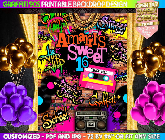 90's Printable Party Backdrop, 90s Printable Backdrop, Retro Backdrop, graffiti backdrop, 80s Backdrop, Sweet Sixteen Backdrop, Graffiti