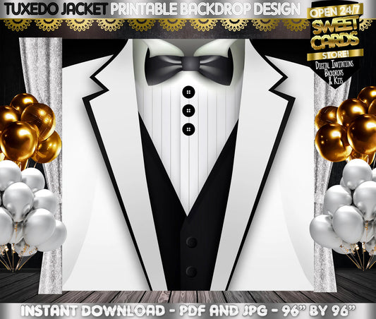 White Tuxedo Printable Backdrop, Classic Man Backdrop, tuxedo Background, man party Backdrop, Man Jacket, tuxedo banner