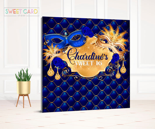 masquerade backdrop, Gold blue masquerade, Glitter masquerade, masquerade,mardi gras backdrop,party backdrop,birthday backdrop,printed