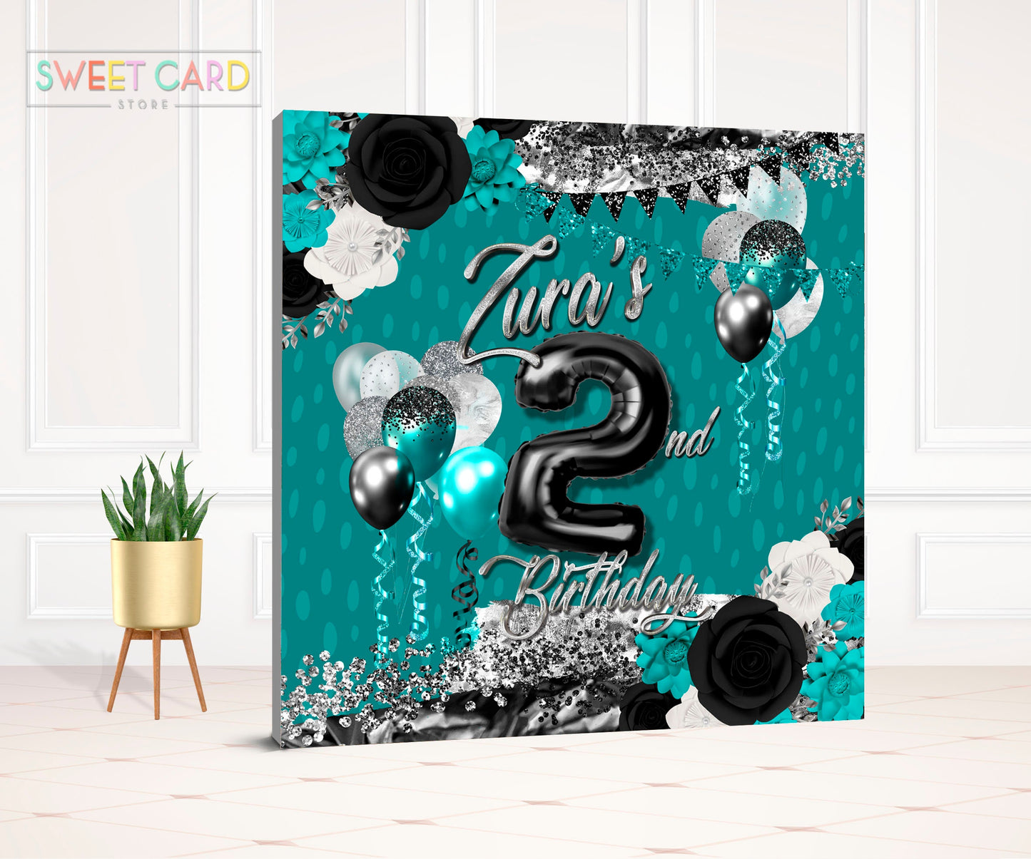 floral balloons backdrop, teal silver masquerade, Glitter flowers,floral,marble backdrop,party backdrop,birthdaybackdrop,printed,agate black