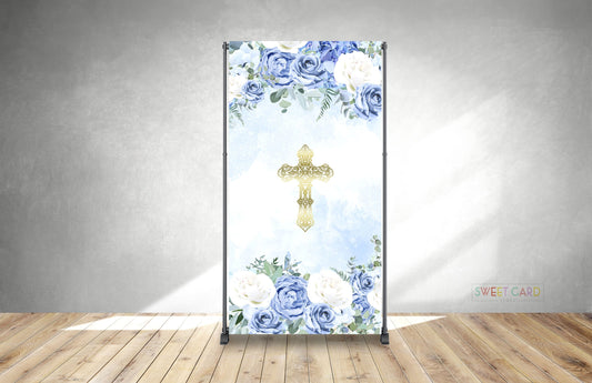 Floral Baptism backdrop, baptism christening backdrop, baptism Holy communion photo backdrop, flowers cross Baptism christening banner