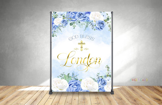 Floral Baptism backdrop, baptism christening backdrop, baptism Holy communion photo backdrop, flowers cross Baptism christening banner