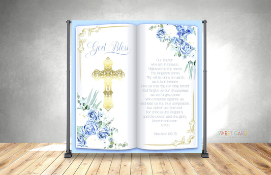 Floral Bible Baptism backdrop, baptism christening backdrop, baptism Holy communion photo backdrop, flowers cross Baptism christening banner